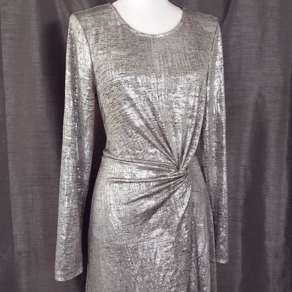Gabrielle Union NY&CO Silver Metallic Long Sleeve Draped Dress Size Medium - Picture 2 of 5